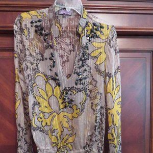 Hale Bob NWT Beaded Yellow Taupe Floral Tunic